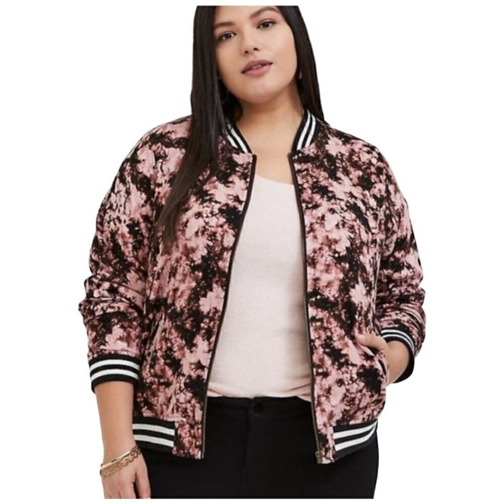 TORRID 12511380 Pink Black Tie Dye Zip Front Twill Fabric Bomber Jacket Size 3X